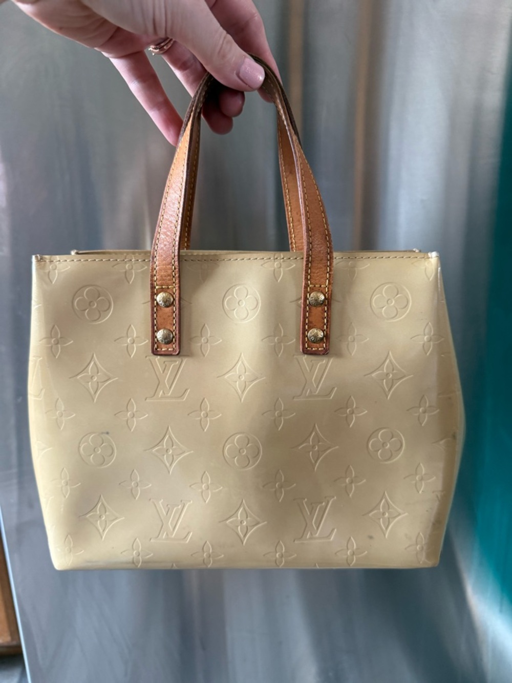 Louis Vuitton Cream Vernis Satchel with Brown Leather Handles
